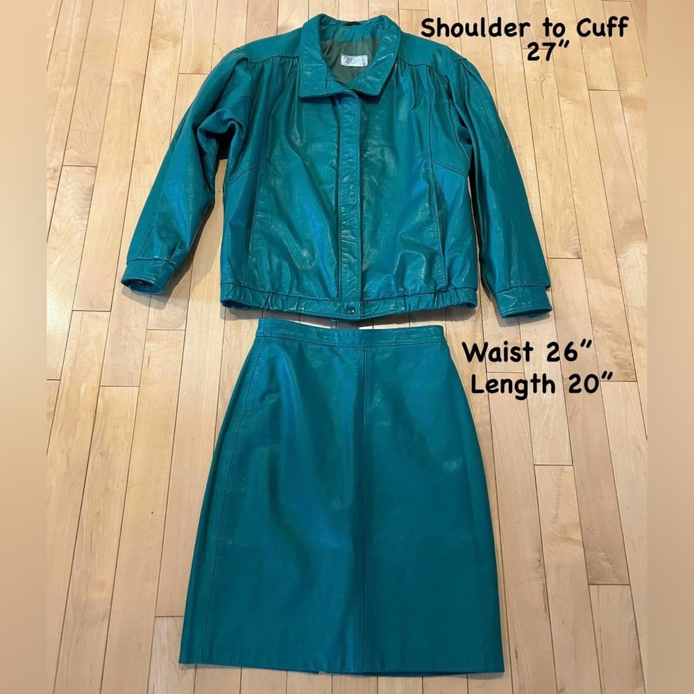 Elegant Teal Touche Leather Jacket and Skirt Set,Women’s Size 6